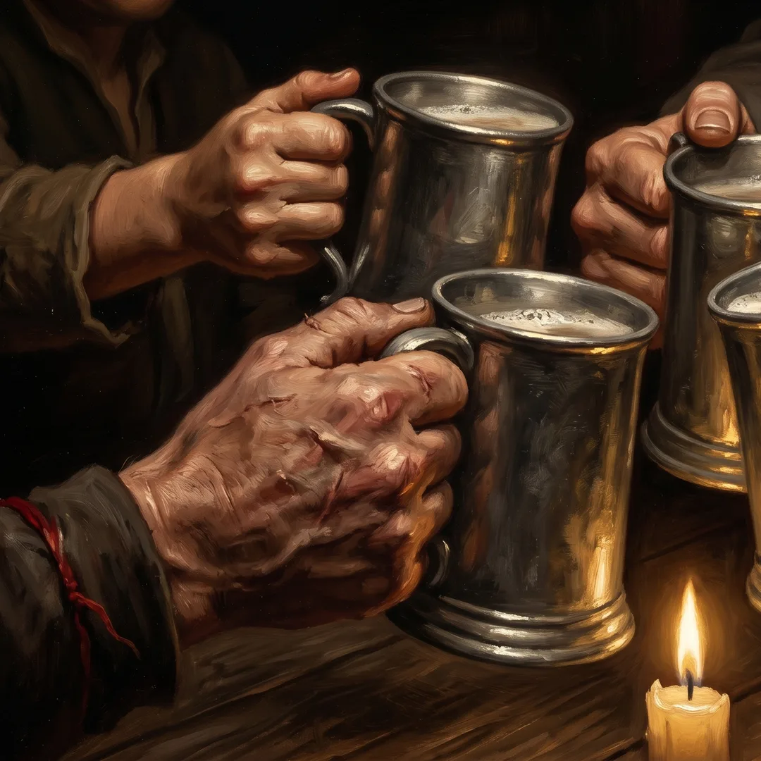 Detail crop — four mugs raised in a toast