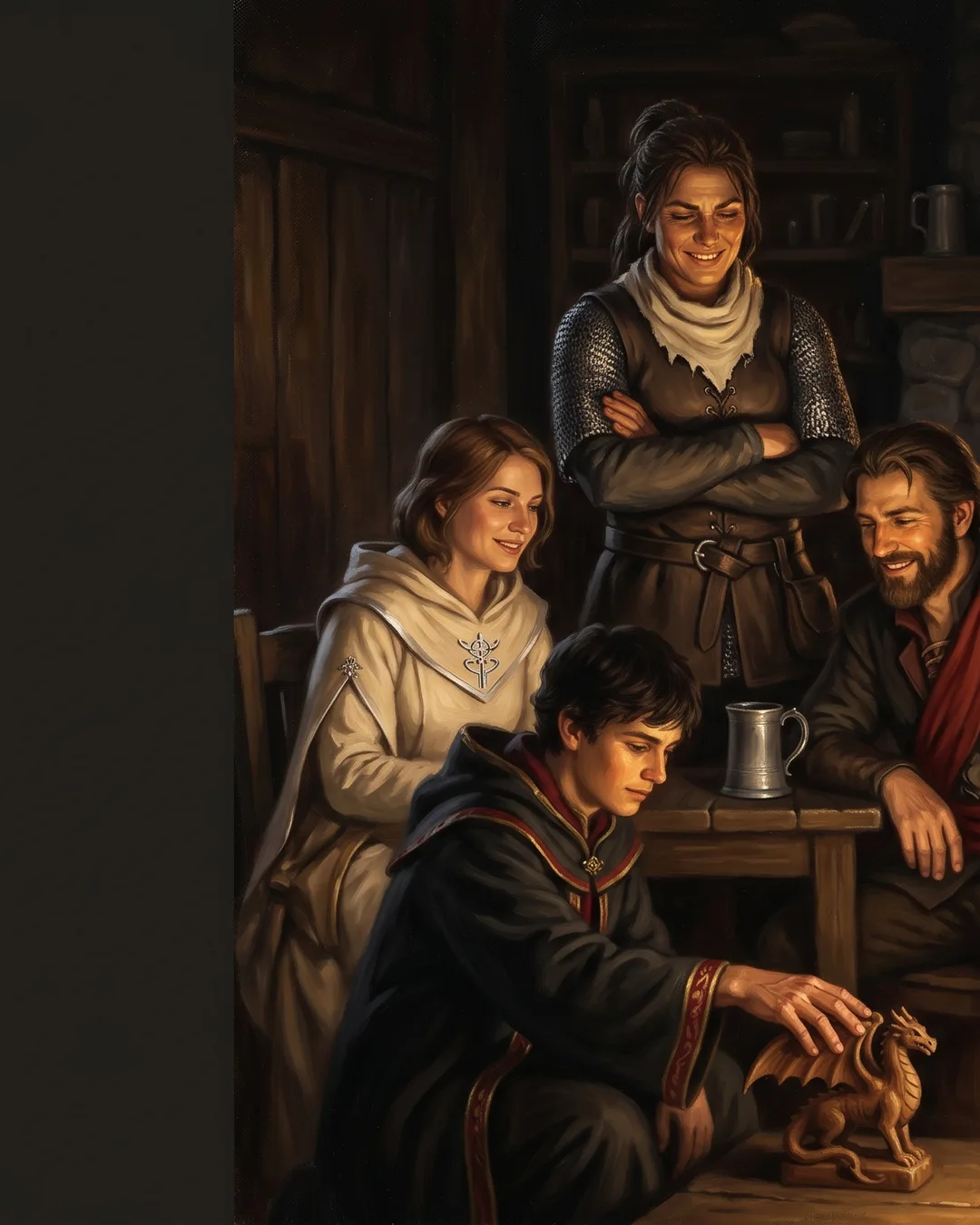 Painted party portrait of four characters around a tavern table