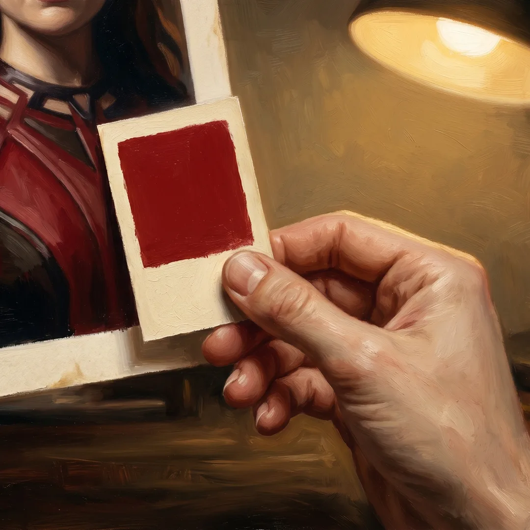 Detail — hand holding a color swatch against a printed character reference
